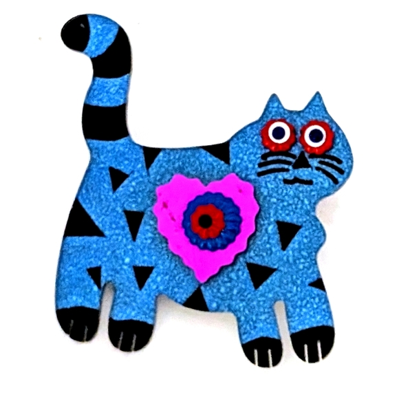Source Unknown Jewelry - Handcrafted Folk Art Style Cat Pin – Bright Blue Enamel with Geometric Design